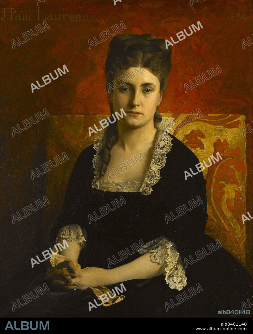 JEAN-PAUL LAURENS. Portrait de femme en robe noire tenant un gant, 1874.