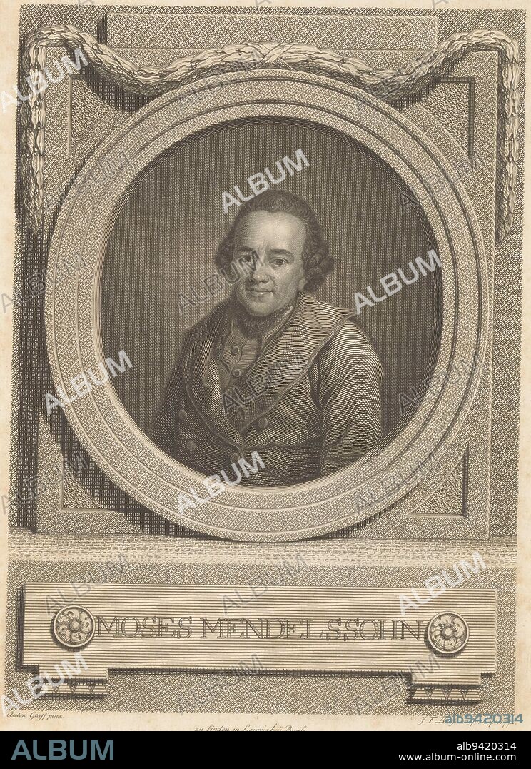 Portrait of Moses Mendelssohn, print maker: Johann Friedrich Bause, (mentioned on object), after: Anton Graff, (mentioned on object), publisher: Johann Friedrich Bause, (mentioned on object), Leipzig, 1772, paper, engraving, etching, h 275 mm × w 202 mm.