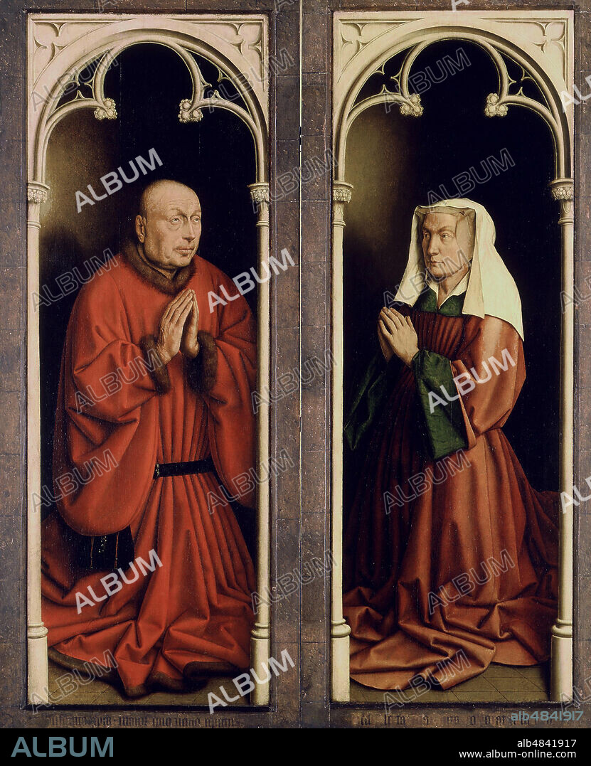 JAN VAN EYCK. The Ghent Altarpiece. Adoration of the Mystic Lamb: Joos Vijd and Elisabeth Borluut.