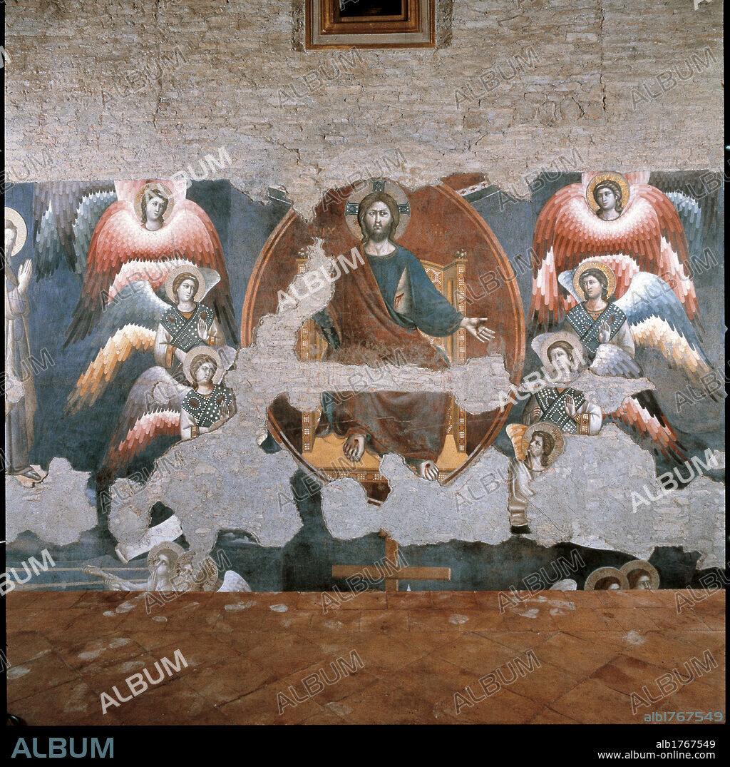 The Last Judgment, by Pietro de Cerroni known as Pietro Cavallini, 1293 about, 13th Century, fresco,. Italy, Lazio, Rome, Santa Cecilia in Trastevere Basilica. Detail. Light blue azure blue grey brown red mandorla Chris glory throne hosts angels.