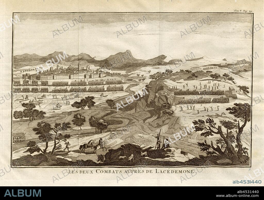 The two fights near Lacedemone, Two combat troops next to Laikedaimon (Sparta), Tom., V. Pag., 231, after p. 230, 1774, Polybius; Vincent Thuillier; Jean Charles de Folard: Histoire de Polybe. Tome 5; Amsterdam: Arkstée et Merkus, MDCCLXXIV [1774].