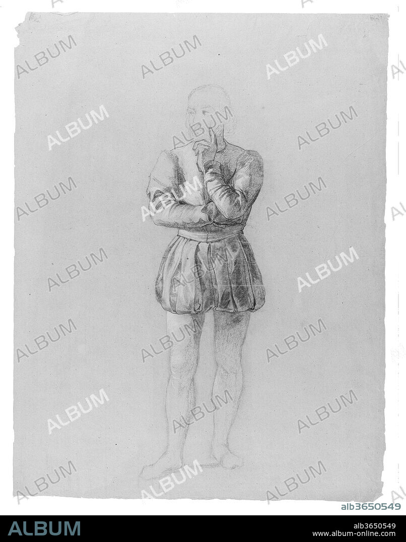 Study for "The Landing of Columbus on San Salvador, October 12, 1492": Roderigo Sánchez of Segovia. Artist: John Vanderlyn (American, Kingston, New York 1775-1852 Kingston, New York). Dimensions: 24 3/16 x 18 7/16 in. (61.4 x 46.8 cm). Date: ca. 1840-43.
Vanderlyn made numerous figure and costume studies for his monumental painting "The Landing of Columbus on San Salvador, October 12, 1492," executed in Paris in 1839-46 for the United States Capitol. Vanderlyn relied primarily on Washington's Irving's biography of Columbus for the cast of characters he assembled in his painting. In Irving's history, Roderigo Sanchez is identified as the controller, or accountant, of the 1492 voyage, and in the painting is shown behind Columbus in a large hat and cloak, thoughtfully appraising the strange New World.