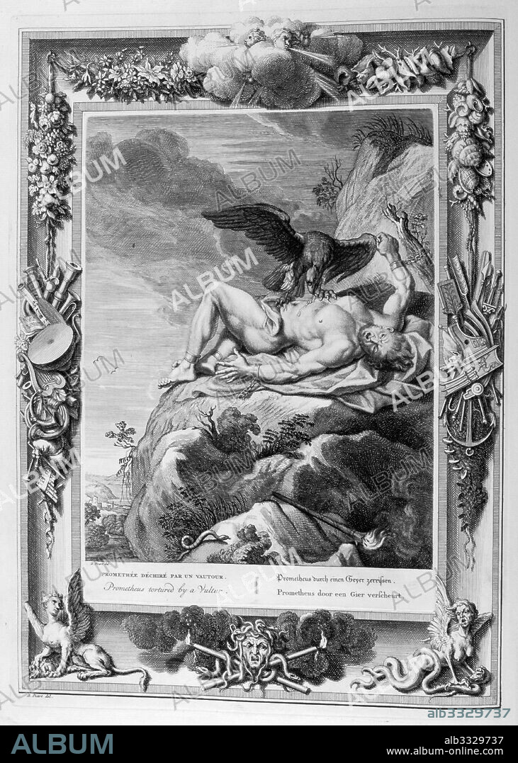 Prometheus devoured by the eagle. Engraved illustration from 'The Temple of the Muses', 1733. This book represented remarkable events of antiquity drawn and engraved by Bernard Picart (1673-1733). Prometheus, in eternal punishment, is chained to a rock in the Caucasus, Kazbek Mountain or Mountain of Khvamli, where his liver is eaten daily by an eagle.