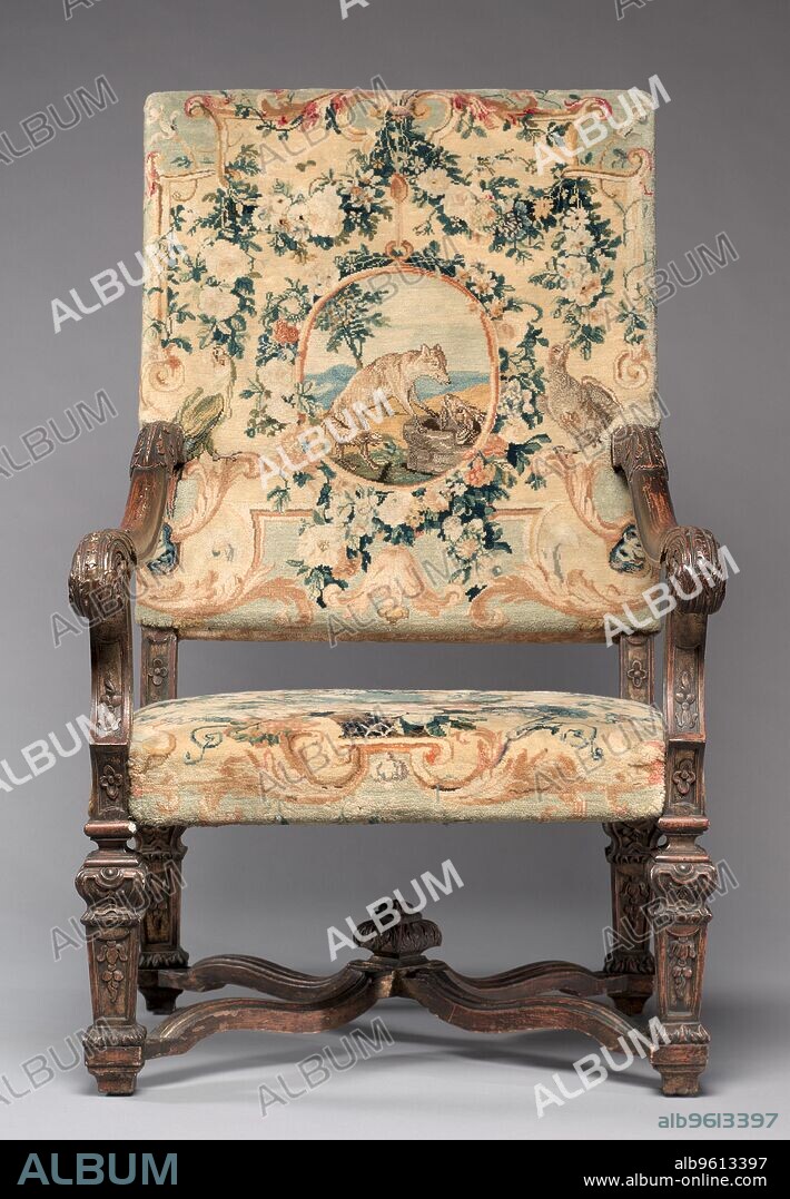 Chair, before 1717. These chairs belong to a suite that includes a settee (also in the CMA’s collection) and a tapestry made for a count and countess to mark their wedding in 1717. Furniture of this scale was usually placed against the wall in grand reception halls, more as a display of wealth than for use. Upholstered in Savonnerie tapestries, this suite was among the most treasured and expensive example anyone could own and typically reserved for royalty.    To add decorative and intellectual interest to the textiles, weavers incorporated symbols depicting various stories from the  Fables of Jean de La Fontaine , published from 1668 to 1694 and largely adapted from Aesop and other early storytellers.