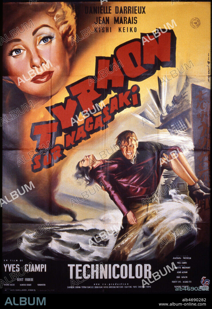 Typhon sur Nagasaki. Affiche du film realise en 1957 par Yves CIAMPI (1921-1982) avec Danielle DARRIEUX (1917-2017) et jean MARAIS (1913-1998). Illustration de Jean MASCII (1926-2003). ADAGP. Credit : Collection Perron/Kharbine-Tapabor.