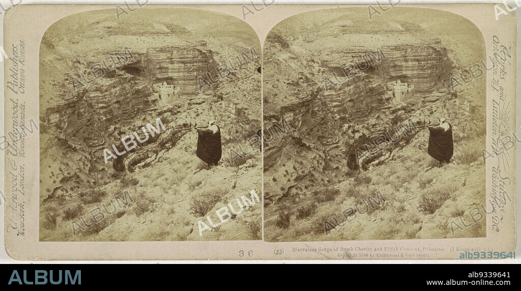 Shooter near St. George's Monastery in Wadi Qelt, West Bank, Marvelous Gorge of Brook Cherith and Elijah Convent, Palestine (I Kings XVii: 3-7) (title on object), anonymous, publisher: Underwood and Underwood (mentioned on object), Wadi Qelt, publisher: New York (city) (possibly), 1896, cardboard, paper, albumen print, height 88 mm × width 178 mm.