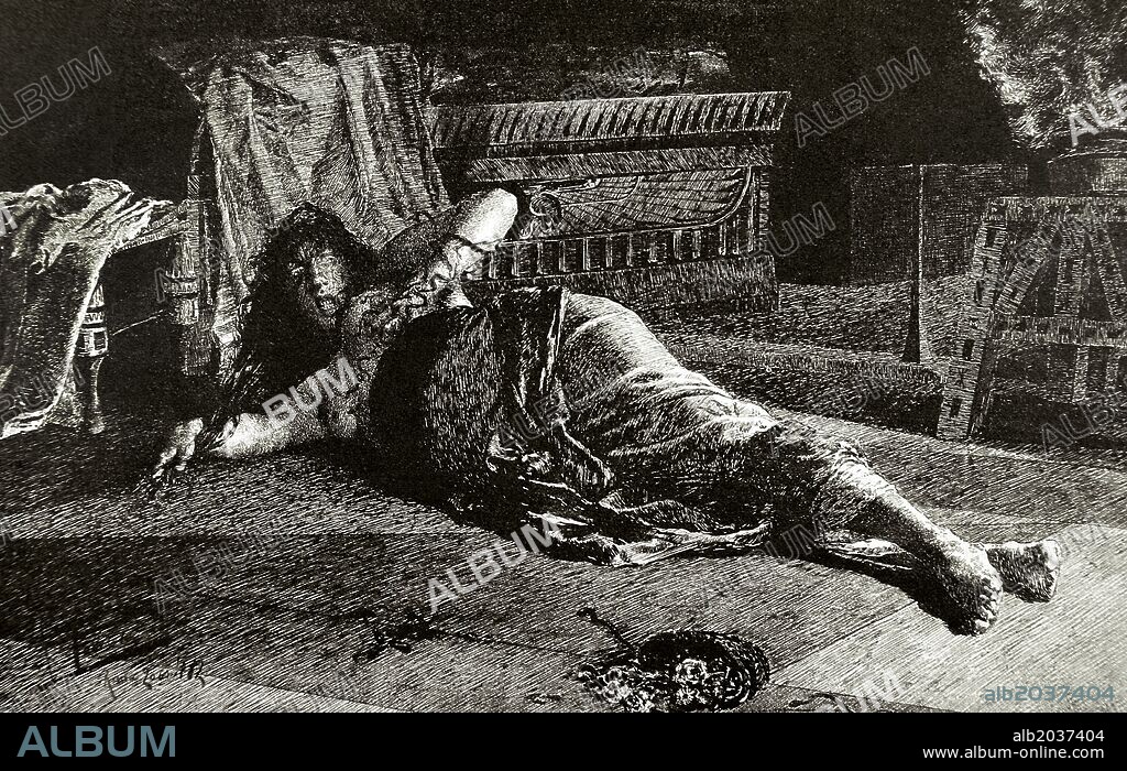 CLEOPATRA VII FILOPATOR (69 a. C. -30 a. C.). Ultima reina de Egipto de la dinastía lágida (51 a. C. -30 a. C.). Grabado que representa "LA MUERTE DE CLEOPATRA", al saber que iba a ser conducida a Roma como prisionera, se dio muerte. Según la tradición, se hizo morder por una áspid. Grabado de "La Ilustración Artística", año 1888.