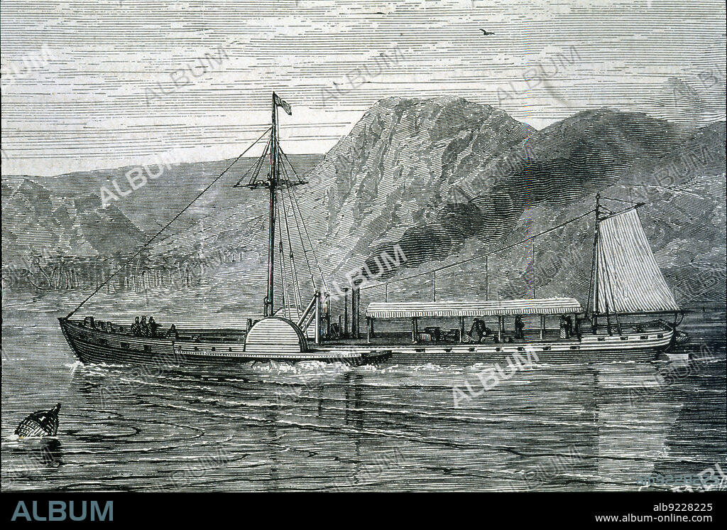 The Clermont, the first steamboat manufactured by Robert Fulton, sailing up the Hudson River from New York to Albany in 1807.
