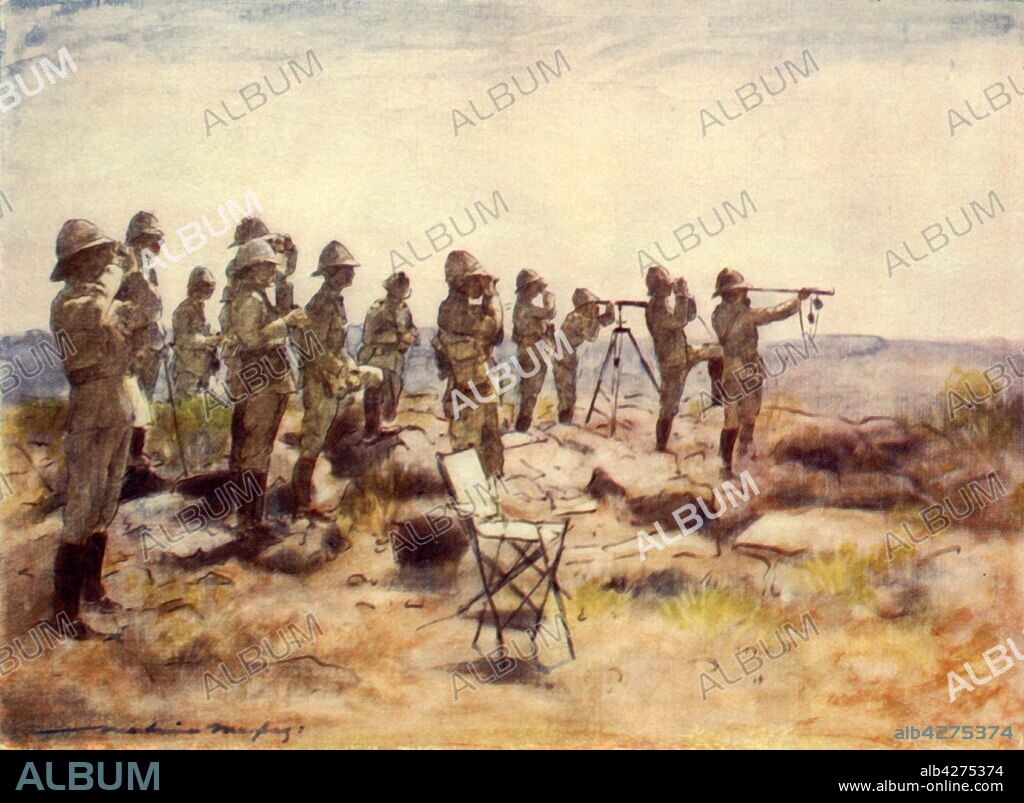 MORTIMER L MENPES. 'Lord Roberts and Staff Watching the Battle of Osfontein', 1900, (1901). British commander Sir Frederick, 1st Earl Roberts (1832-1914) watching the action between British forces and the Boers in 1900, during the Boer Wars in South Africa. From "War Impressions, Being A Record in Colour", [1901]. Published in "The Life and Deeds of Earl Roberts, Vol. IV. - To Lord Roberts's Reign in Pall Mall", by J. Maclaren Cobban. [T. C. & E. C. Jack, Edinburgh, 1901].