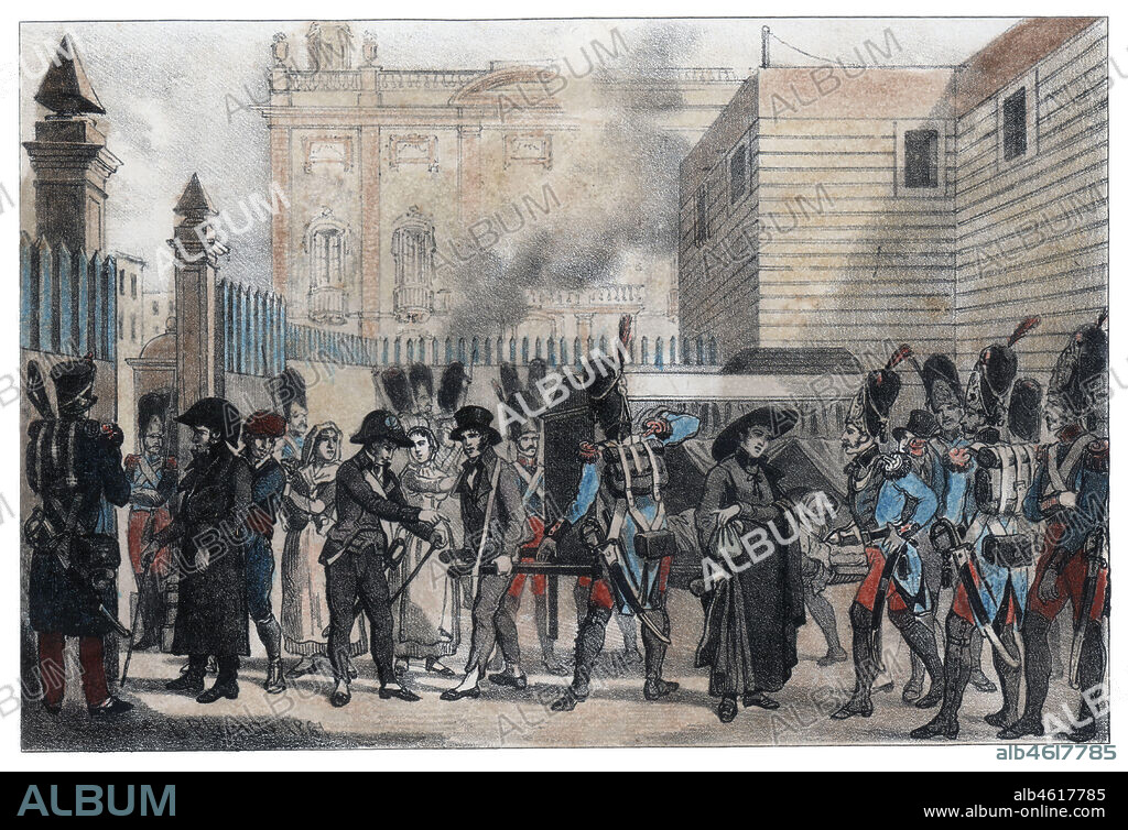 EUSEBI PLANAS FRANQUESA. Guerra de la Independencia (1808-1814). Catalunya. Entrada de armas en Barcelona camufladas en la camilla de una parturienta en marzo de 1809. Grabado de 1861.