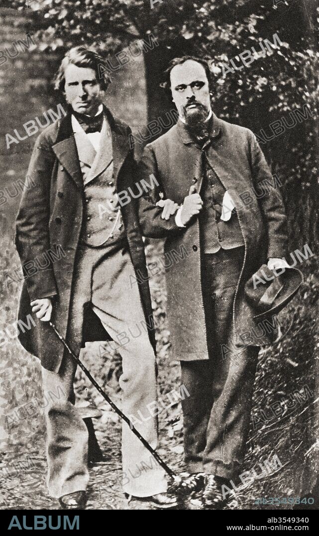 John Ruskin, left, 1819 – 1900. English art critic of the Victorian era, art patron, draughtsman, watercolourist, prominent social thinker and philanthropist. Dante Gabriel Rossetti, right, 1828 – 1882. English poet, illustrator, painter and translator. After a contemporary photograph.