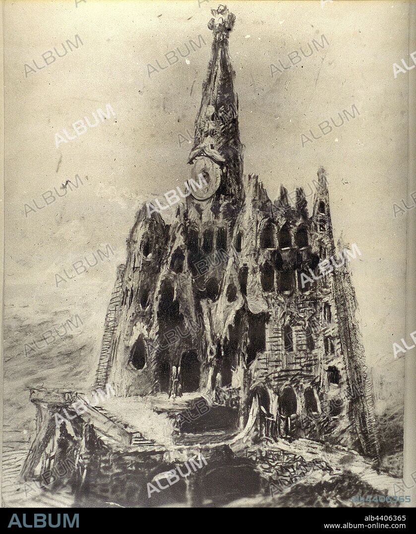 ANTONI GAUDÍ und VICENS VILARRUBIAS. Drawing by Gaudí of the church of Colonia Güell, Barcelona, 1911.