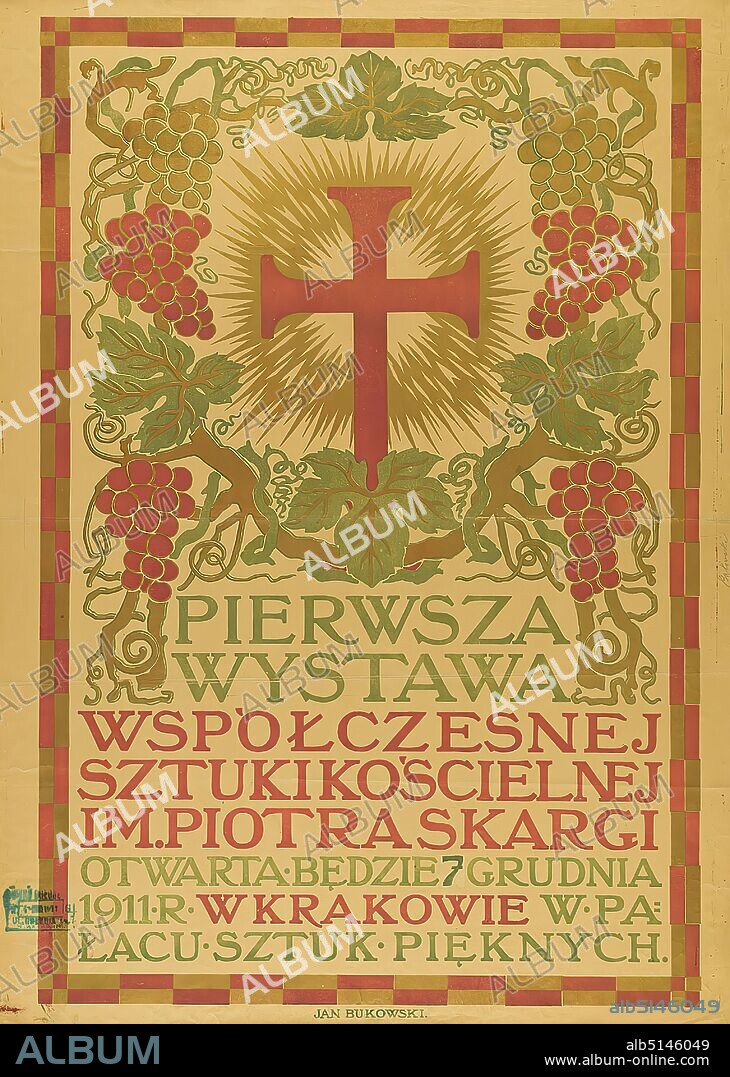Jan Bukowski, Pierwsza Wystawa Wspólczesnej Sztuki Koscielnej im. Piotra Skargi, paper, lithography, total: height: 95,3 cm; width: 68,5 cm, signed: im Druck u. Mitte: JAN BUKOWSKI, exhibition posters, cross, grape, vine tendril, vine leaf, art.