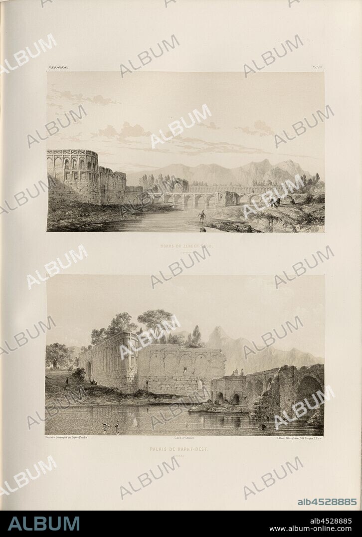 Edges of Zendeh-Roud Isfahan and Palace of Hapht-Dest, Joubi Bridge over Zayandeh Rud and Dast Palace in Isfahan (Iran), Signed: Dessiné & Lithographié par Eugène Flandin; Gide et Cie., editeurs, Lith. De Thierry frères, Pl. LXII, Flandin, Eugène (dess. et lith.); Thierry frères (imp.); Gide et Cie. (ed.), 1851, Eugène Flandin; Pascal Xavier Coste: Voyage en Perse pendant les années 1840 et 1841. Paris: Gide et Jule Baudry, MDCCCLI.