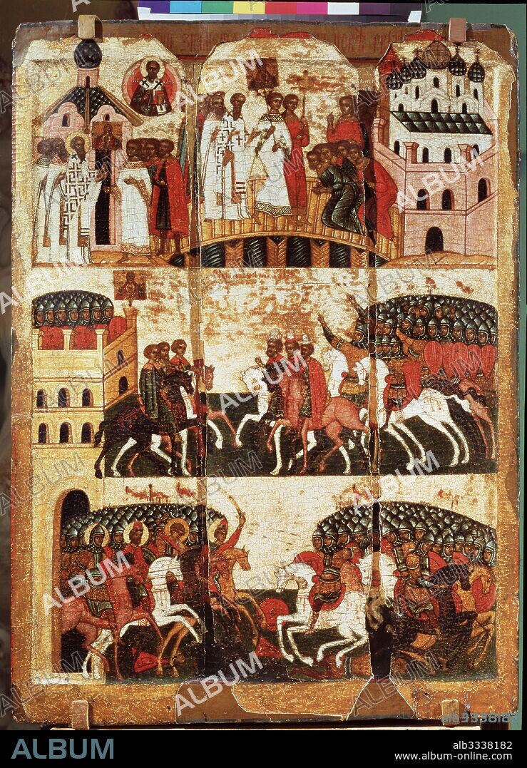 RUSSIAN ICON. Battle between the Novgorodians and Suzdalians.