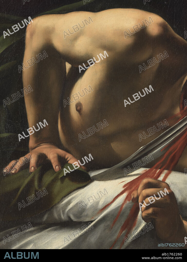 Judith Beheading Holofernes, by Michelangelo Merisi known as Caravaggio, 1598-1599 about, 16th Century, oil on canvas, cm 144 x 195. Italy, Lazio, Rome, National Gallery of Ancient Art, Palazzo Barberini. Detail. Holofernes man body bust arm character half figure. Blade blood pillow white red., photographic campaign 2009. Authorization required for non editorial use.