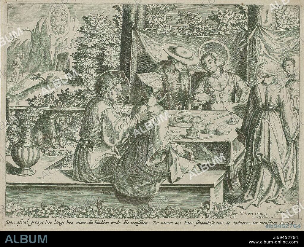 Merry company at table (The worldly life of Mary Magdalene), Mary Magdalene is represented in an early 16th-century costume, a halo around the head. She is seated at a table with food, accompanied by two men and a woman. Next to the table are two servants. The seated woman plays the lute, while a man holds a songbook and sings. In the background, the ascension to heaven of Mary Magdalene is depicted in a rocky landscape. With caption from Genesis 6., print maker: Bartholomeus Willemsz. Dolendo, (mentioned on object), publisher: Pieter Goos, (mentioned on object), Lucas van Leyden, (manner of), Northern Netherlands, c. 1580 - c. 1620, paper, engraving, height 198 mm × width 262 mm.