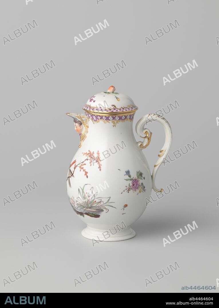 Coffee pot with birds in a landscape, Porcelain coffee pot on a spreading base with a pear-shaped body, triangular spout from the neck and a curled ear in the shape of a leaf tendril. Painted on the enamel in enamel colors and gold. On the belly three birds in a landscape, two sitting on a branch and one on the ground. On both sides a bouquet and scattering flowers. On the edge a band with napkin work, including golden tendrils. The spout is modeled in an angel's head with wings. The curled ear is set with gold and ends in a palmet. The cover with stray flowers has the same band with napkin work, cover button in the shape of a fruit branch (pear). Marked on the bottom with the A, I and 4., Ansbach, c. 1765, porcelain (material), glaze, gold (metal), vitrification, h 17.7 cm.
