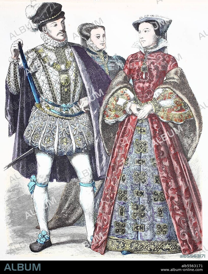Folk traditional costume, clothing, history of costumes, Lord Darnley, Marchioness of Dorset, Mary of Scotland, England, 16th century, digitally restored reproduction of a 19th century original, exact date unknown.