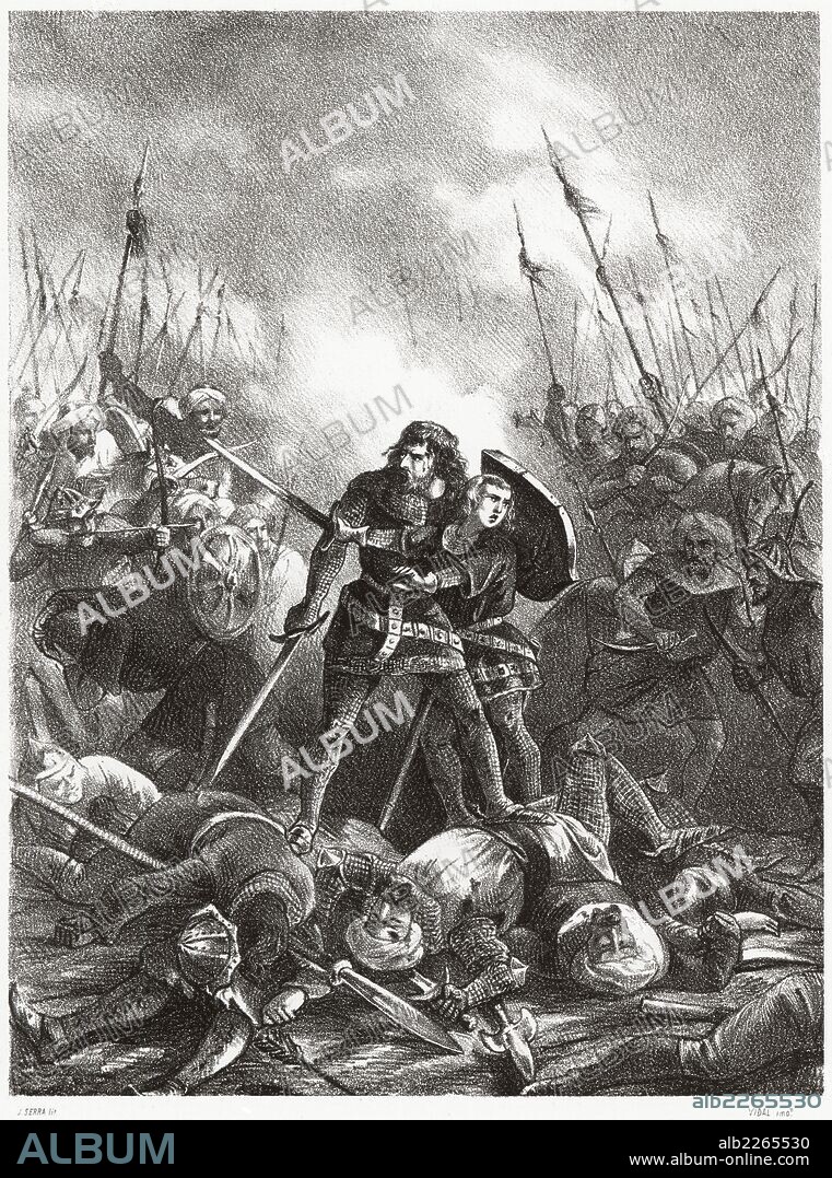 Historia de España. Batalla de Uclés, en Cuenca, librada el 29 de mayo de 1108, entre las tropas cristianas de Alfonso VI de León y las almorávides de Alí ibn Yusuf, saldada con la derrota de las primeras. Grabado de 1872.