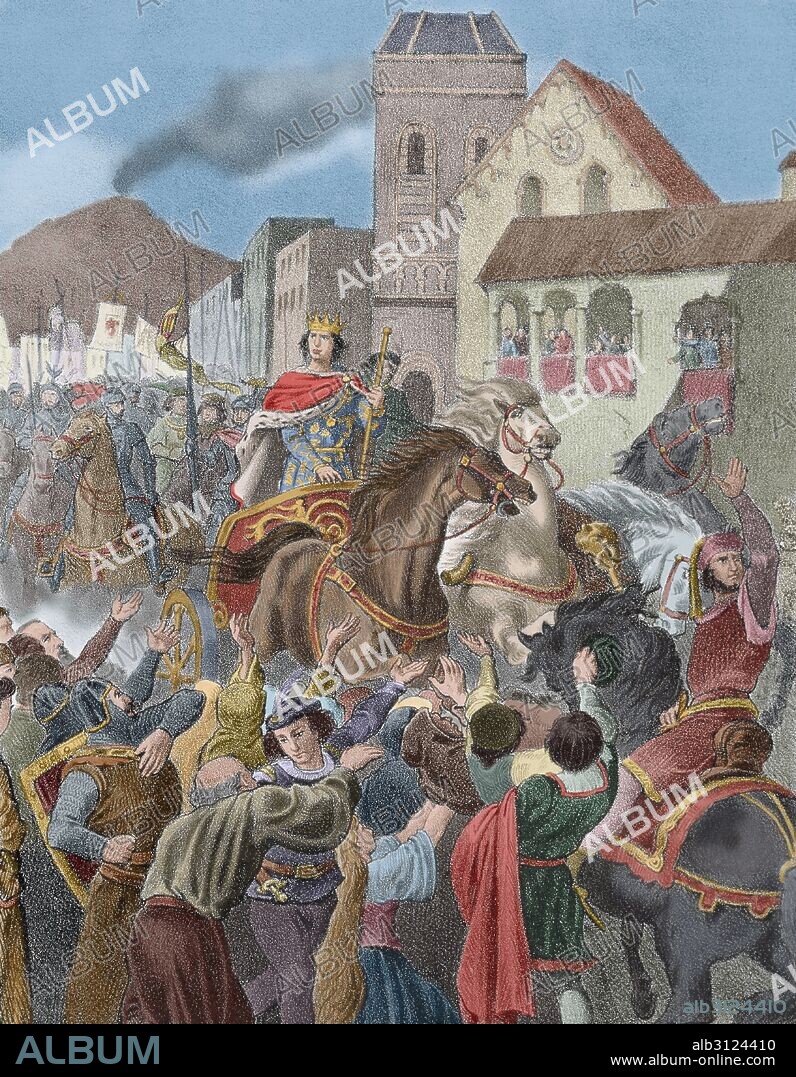 ALFONSO V de Aragón y IV de Cataluña, llamado "El Magnánimo" (1396-Nápoles,1458). Rey de la Corona de Aragón (1416-58) y de Nápoles (1442-1458). Dirigió una política que tenía como objetivo arrebatar a Génova la hegemonía sobre el Mediterráneo. "ENTRADA TRIUNFAL DEL REY ALFONSO V EN NAPOLES" (1442). Grabado de "Historia de España", del siglo XIX. Coloreado.