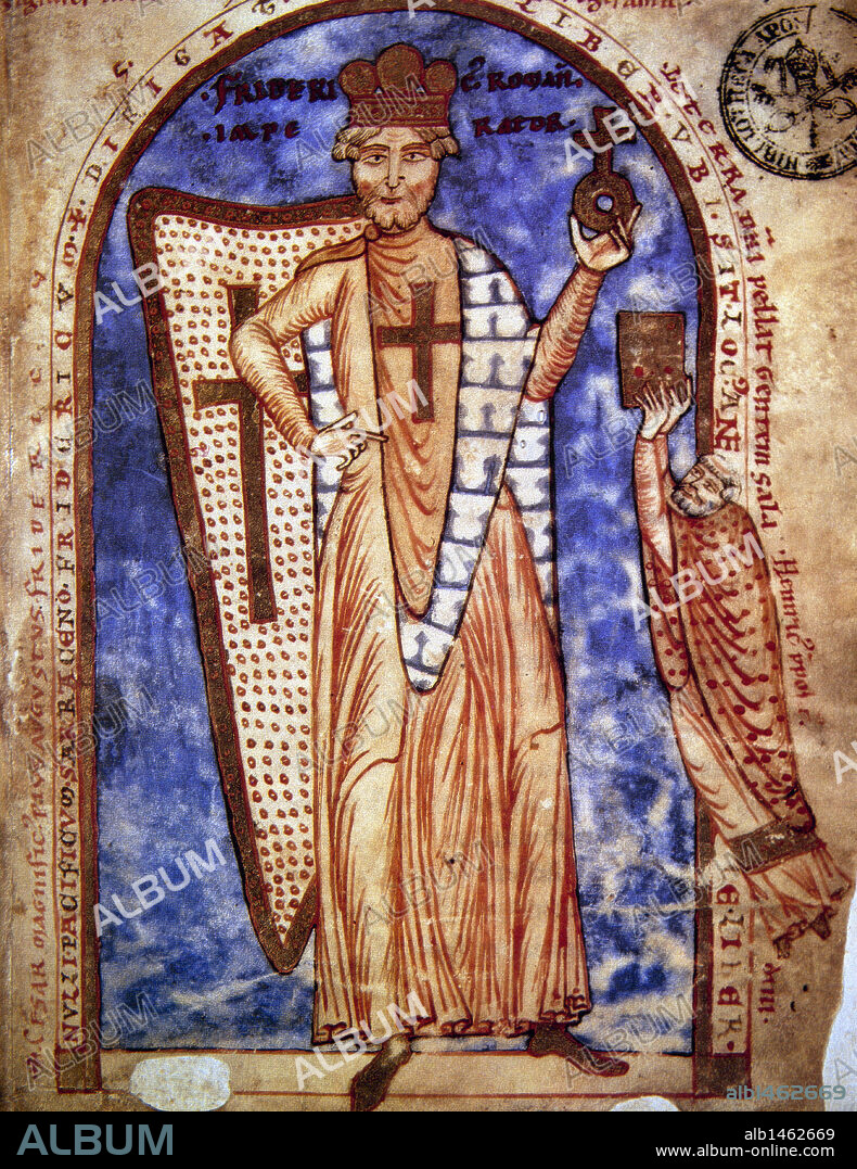 FEDERICO I "BARBARROJA" (Waiblingen, 1122-Cydnos, 1190). Emperador del Sacro Imperio Romano Germánico (1152-1190). Intentó unificar los estados alemanes, dominar Italia y ejercer autoridad universal. Encabezó la III Cruzada. "EL ESCRIBA PRESENTA EL CODICE AL EMPERADOR FEDERICO BARBARROJA". Miniatura del Folio 1r. de finales del s. XII de ROBERTO, MONJE DE REIMS. HISTORIA DE JERUSALEN. Biblioteca Apostólica Vaticana. Italia.
