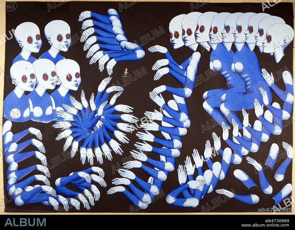 Divers elements d'un personnage extraterrestre bleu aux yeux rouges, en papier decoupe, utilises pour le tournage du film 'La planete sauvage' de Roland TOPOR et Rene LALOUX (= ADAGP tous les deux) , en 1973 (20e, 20eme, XXe s.). Credit : JEAN VIGNE / KHARBINE-TAPABOR.