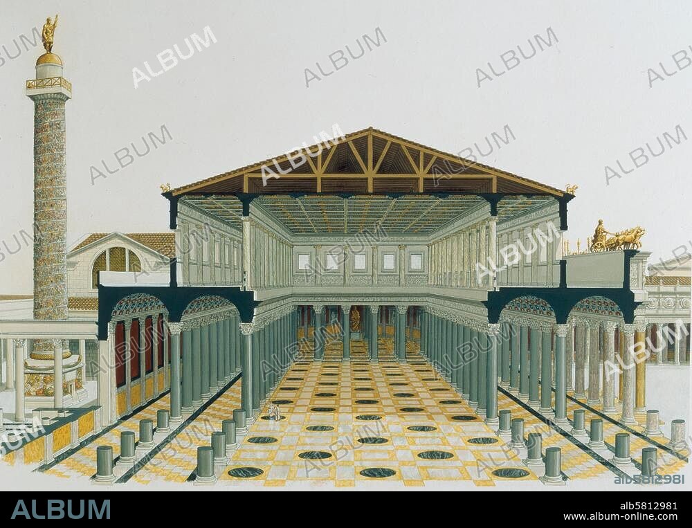 Rom - Roma (Italien), Basilica Ulpia (Gerichts- u. Zeremonienhalle) auf dem Trajansforum (erbaut unter Kaiser Trajan 98-117 n. Chr.). Rekonstruktion (Längsschnitt) nach James Packer; links die Trajanssäule. Aquarell, undat., von Peter Connolly (1935-2012).