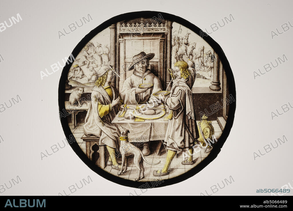 glass pane, c. 1510-1520, glass, lead, Diameter: 24.2 x 0.2cm 242 x 2mm, biblical scene, Round glass pane with a stained scene of Lot and his two daughters, Genesis 19: 24-35. The man sits between his two daughters in a garden. They offer him food. In the background a castle. In grisaille and silver yellow, in a lead mount.