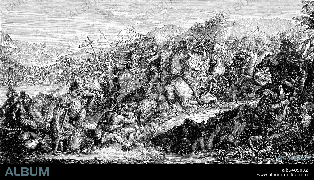 The Battle of the Granicus River in May 334 BC was the first of three major battles fought between Alexander the Great and the Persian Empire. Fought in northwestern Asia Minor, near the site of Troy, it was here that Alexander defeated the forces of the Persian satraps of Asia Minor, including a large force of Greek mercenaries led by Memnon of Rhodes. Total casualties for the Greeks were between 300 and 400. The Persians had roughly 1,000 cavalry and 3,000 infantry killed, mostly in the rout, and of the 18,000 Greek mercenaries, who fought for the Persians, half were killed and 8,000 enslaved and sent back to Macedon. Cyclopedia of Universal History by John Clark Ridpath, 1890 (cropped and cleaned).