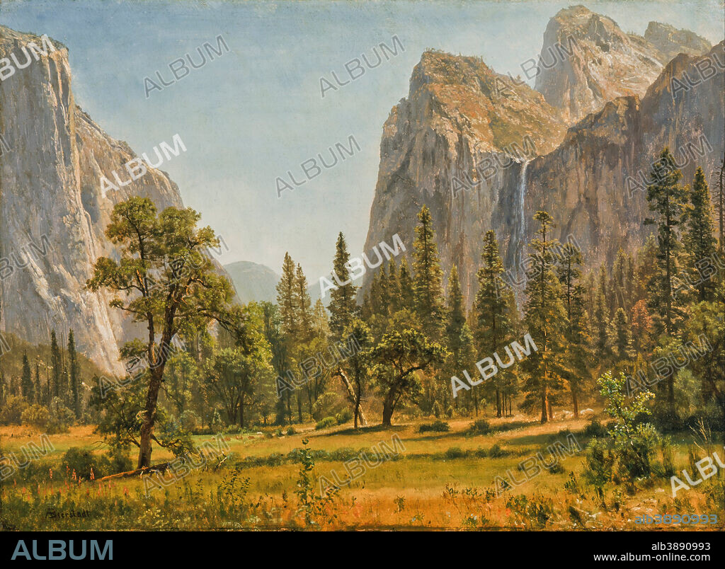 ALBERT BIERSTADT. Bridal Veil Falls, Yosemite Valley, California. Date/Period: 1871-01-01/1873-12-31. Painting. Oil on paper mounted on canvas. Width: 66 cm. Height: 48.3 cm.