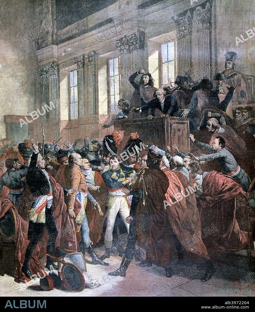 Bonaparte and the Council of Five Hundred at St Cloud, 10th November 1799, (1893). The coup d'etat of 18 Brumaire in which General Napoleon Bonaparte overthrew the regime of the Directory and replaced it with the Consulate.