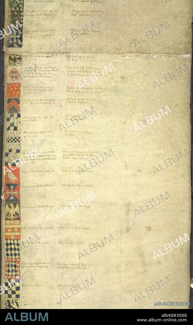 A column of heraldic shields bearing coats of arms. The Rous Roll. Illustrated armorial roll-chronicle by John Rous. England [Warwick]; 1483-1485. Source: Add. 48976 f.7v.