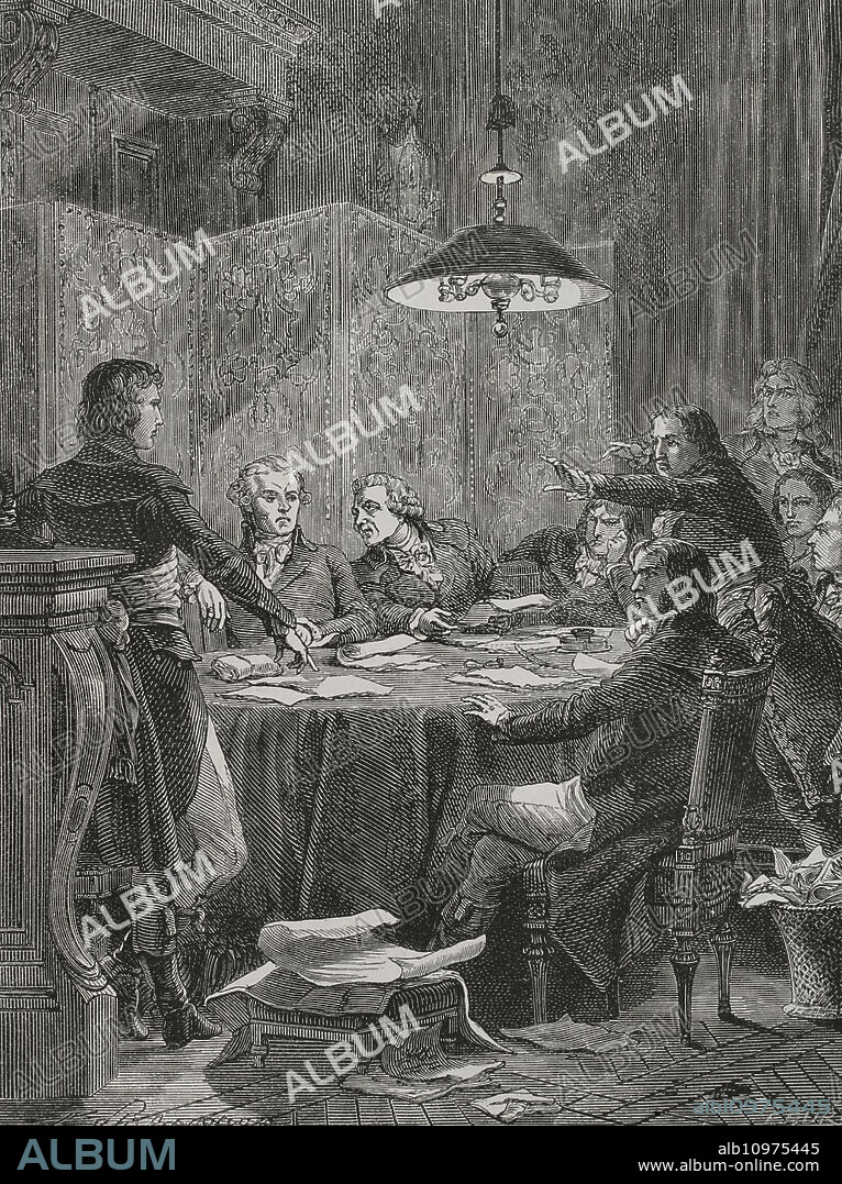 Revolución Francesa. Comité de Salvación Pública. Comité de la Convención Nacional, creado por el gobierno provisional y el gabinete de guerra el 6 de abril de 1793, durante El Terror. El comité tenía como misión proteger la nueva república de sus enemigos extranjeros e internos, luchando contra la Primera Coalición y la Guerra de la Vendée. Reunión del Comité de Salvación Pública. Dibujo por Philippoteaux. Grabado. "Historia de la Revolución Francesa". Tomo I, 1876.