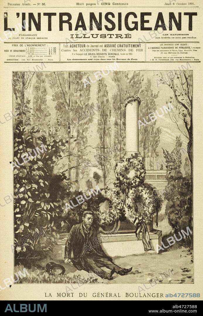 La mort du general BOULANGER (1837-1891). Illustration de Louis BOCHARD pour L'Intransigeant illustre du 8 octobre 1891. Collection Grob/KHARBINE-TAPABOR.