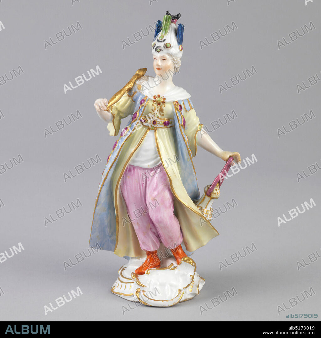 Allegorical Figures of the 'Four Continents', Meissen Porcelain Manufactory, German, active from 1710 to the present, Friedrich Elias Meyer, German, 1723 - 1785, hard paste porcelain, vitreous enamel, gold, Four figures (a, b, c, d) together form a set., (a): Standing female figure, wearing jeweled mantle and turban with half-moon, holding sceptre and censer. Relief cartouche with camel; (b): Standing female figure, wearing ermine and crown, holding sceptre and orb. Book, globe, cornice fragment, cornucopia and relief cartouche with horse; (c): Standing black female figure, wearing feather skirt, mantle, and elephant-head coif, holding sheaf of wheat. Relief cartouche with lion; (d): Standing female figure, wearing feather skirt, mantle, and headdress. Parrot perched on arm, quiver with arrows and relief cartouche with alligator., Germany, 18th century, ceramics, Decorative Arts, figures, figures.