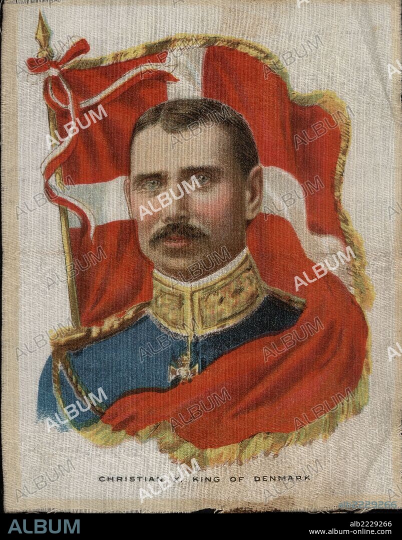 Christian X (1870-1947), rey de Dinamarca. Retrato y bandera impresos sobre tela. Años 1920.