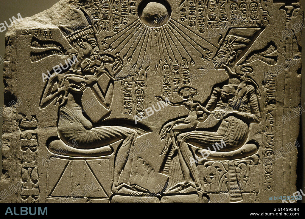 Egyptian art. A house altar depicting Akhenaten, Nefertiti and three of their Daughters. Relief. Limestone. New Kingdom. Amarna period. 18th dynasty. C. 1350 B.C. Egyptian Museum of Berlin. Germany.