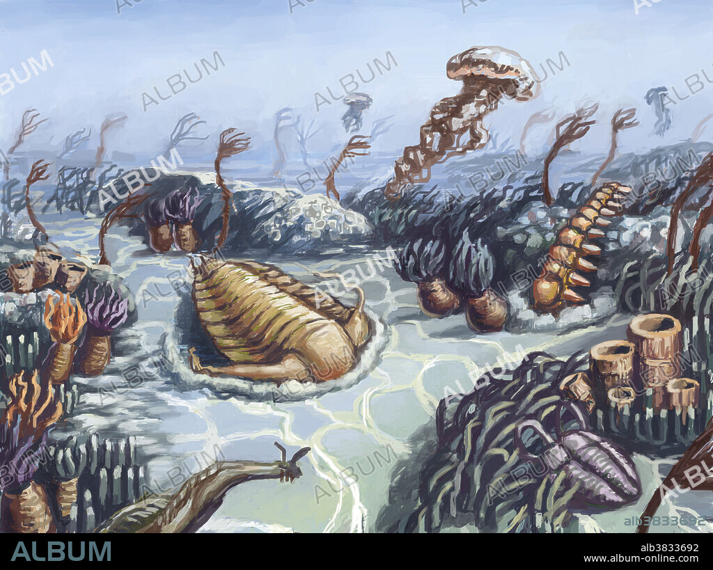 A conceptual illustration of the Cambrian geologic period, which spanned from 541 to 485.4 million years ago. It was the first geological period of the Paleozoic Era.
