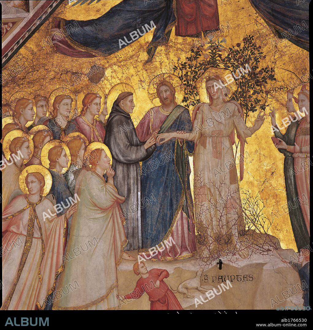 The Mystical Marriage of St Francis to Poverty, by Giotto, co-workers and Giotto, 1315 about, 14th Century, fresco,. Italy, Umbria, Perugia, Assisi, San Francesco Lower Basilica. Detail. St Francis mystical marriage poverty Jesus Christ saints gold.