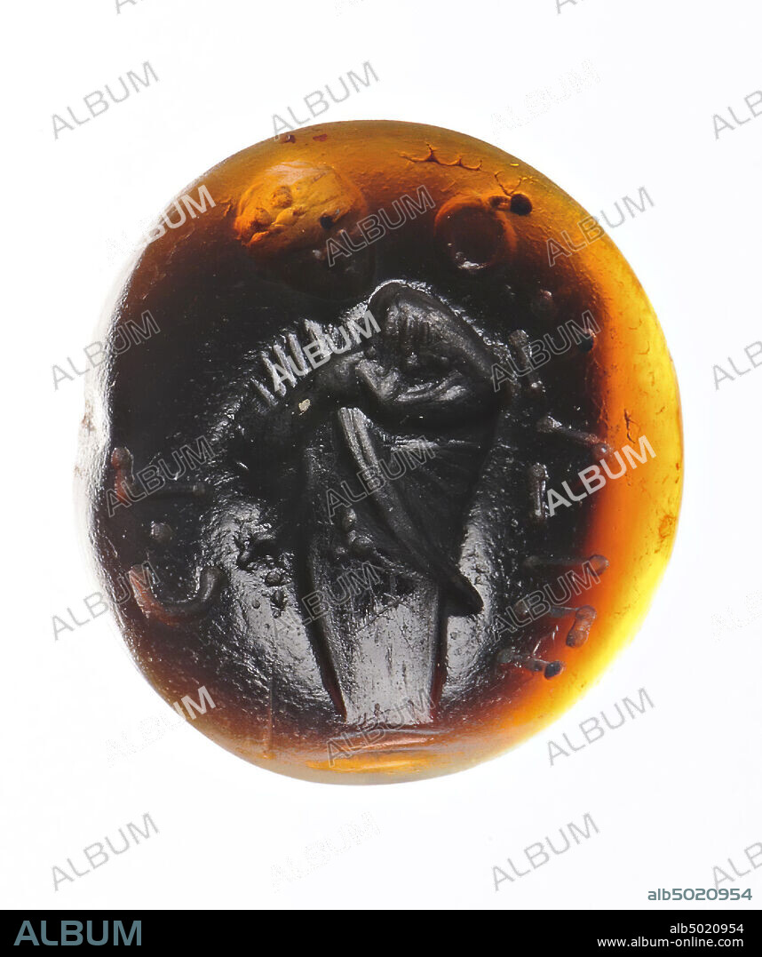 Vz: the herm is dressed in chlamys under which the kerykeion is clogged, the herm is ithyphallisch., Gem, intaglio, ringstone, sard, Color: brown, Form: round, Processing: Maaskant-Kleibrink, M. , Catalog of the engraved gems in the Royal Coin Cabinet, 1978, p.60, fig.2, type 3B, front convex, Method: shallow body modeling with fairly rounded drills, detailing with thi, 12 x 11 mm, D. 3 mm, 2nd - 1st century BC. -200.