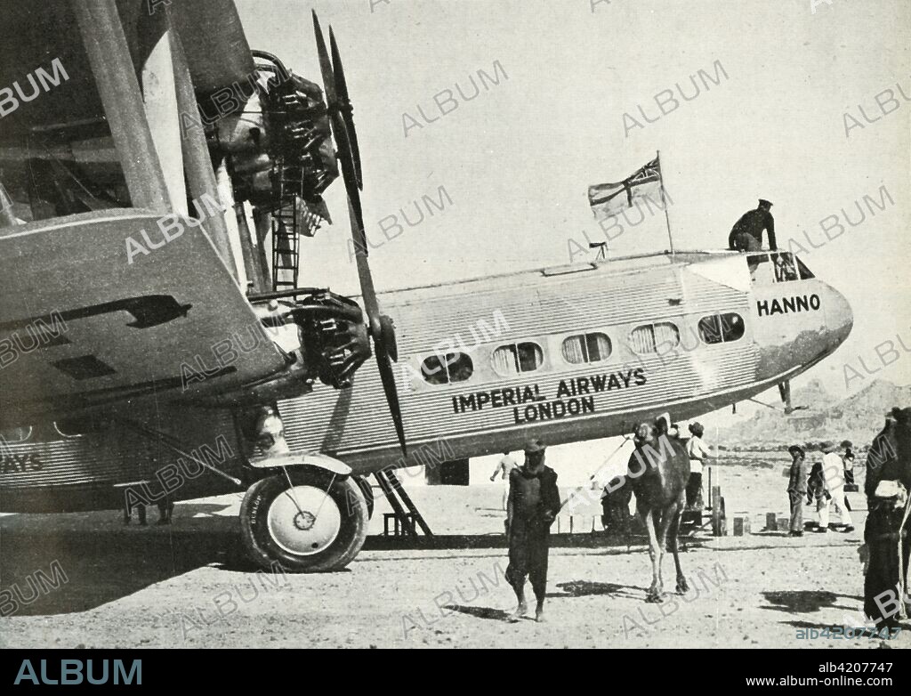 Imperial Airways Handley-Page HP 42 biplane 'Hanno', Gwadar, Baluchistan, c1931-c1940 (1946). 'By 1929, Imperial Airways Ltd. had pushed their regular weekly service from Great Britain to India. The leisurely four-engined biplane 'Hanno' was typical of the land-based passenger aircraft of those days. She is at Gwadar, Baluchistan. From "Merchant Airmen - The Air Ministry Account of British Civil Aviation, 1939-1944". [His Majesty's Stationery Office, London, 1946].