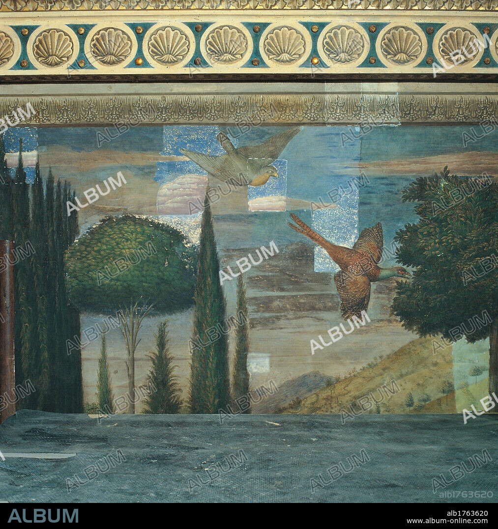 Frescoes of the Chapel of the Magi, by Benozzo di Lese di Sandro known as Benozzo Gozzoli, 15th Century, 1459-1460 about, fresco,. Italy, Tuscany, Florence, Palazzo Medici-Riccardi, Magi Chapel. Detail. Journey of the Magi, south wall, during restoration. Court of King Balthazar. Top centre background landscape. Brown pale-blue white green.