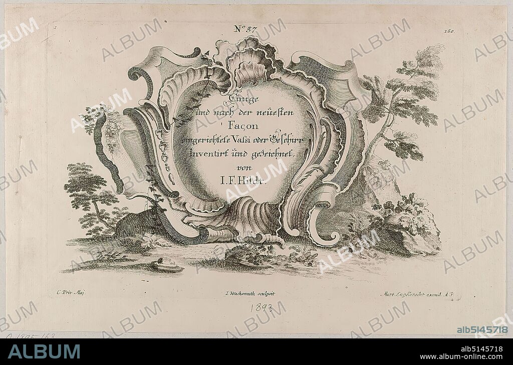 Martin Engelbrecht, Jeremias Wachsmuth, I. F. Hildt, Eine Rocaille-Kartusche mit Titel, title page of the series Einige und nach der neuesten Façon eingerichtete Vassi oder Geschirr, etching, sheet size: height: 21,7 cm; width: 33 cm, recto: signed, numbered and inscribed in the plate: No. 37, Some Vassi or crockery furnished according to the latest fashion, Invented and drawn by I.F. Hildt, C. Private Maj, I. Wachsmuth sculpsit, Mart. Engelbrecht excud. A. V, 1st, No. 37th, 180th as well as inscribed in lead by a third party: 1893, prints, printed matter, rocaille, rococo, title page (1, consecutive number 180) of the series Einige und nach der neuesten Façon eingerichtet Vassi oder Geschirr Inventirt and drawn by I.F. Hildt, edited by M. Engelbrecht, publishing number 37.