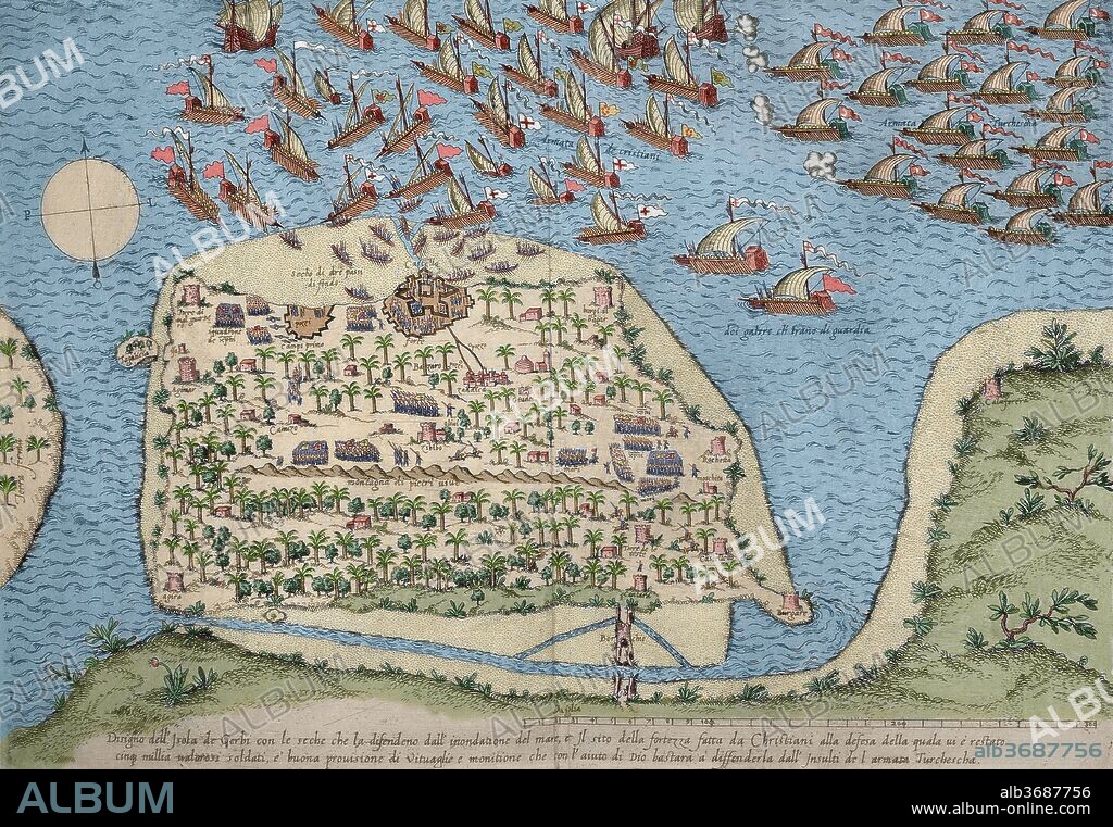 Isla tunecina de Djerba bajo dominio almohade desde 1160. En 1284 cayó bajo el poder de Roger de Llúria. Posteriormente Pedro Navarro en 1511 fracasó en su intento de conquista y en 1560 los españoles sufrieron una nueva derrota al intentar desalojar al corsario turco Dragut (m.1565). Grabado del siglo XVI. Coloreado.