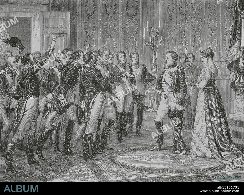 Napoleón I Bonaparte (1769-1821). Cónsul Vitalicio (1802) y Emperador de los franceses (1804-1815). Napoleón, antes de partir para el Ejército, confía a su hijo, el rey de Roma, a la Guardia Nacional, 23 de enero de 1814. Dibujo por Philippoteaux. Grabado. "Histoire du Consulat et de l'Empire" (Historia del Consulado y del Imperio), por A. Thiers. Tomo IV. Publicado en Barcelona, 1879.
