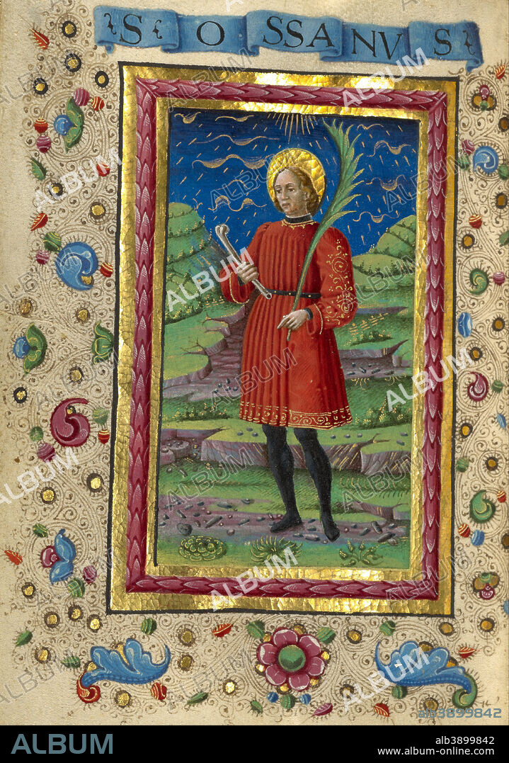 GUGLIELMO GIRALDI. Saint Ossanus. Date/Period: Ca. 1469. Folio. Tempera colors, gold paint, gold leaf, and ink on parchment. Height: 108 mm (4.25 in); Width: 79 mm (3.11 in).
