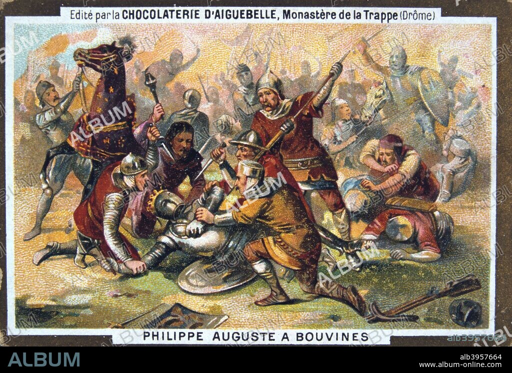 Philipe Auguste at the Battle of Bouvines, 1214, (19th century). King Philip II of France (1165-1223), known as Philip Augustus, won the battle which was fought between the French army and a coalition of European powers, on July 27 1214, near the village of Bouvines in Flanders (now part of France). Card from a series produced by the chocolate factory at the Monastery of Aiguebelle.
