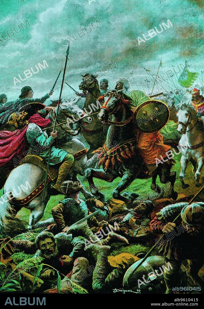 Battle of Guadalete (19-26 July 711), the defeat of the troops of the Visigothic King Don Rodrigo by the Muslim army of Tarik, beginning then the conquest of the Iberian Peninsula, drawing.
