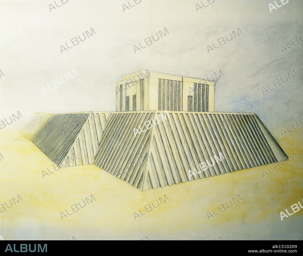 Sumerian civilization. Reconstruction of White Temple at the Sanctuary of Anu, Uruk, Mesopotamia. Drawing.